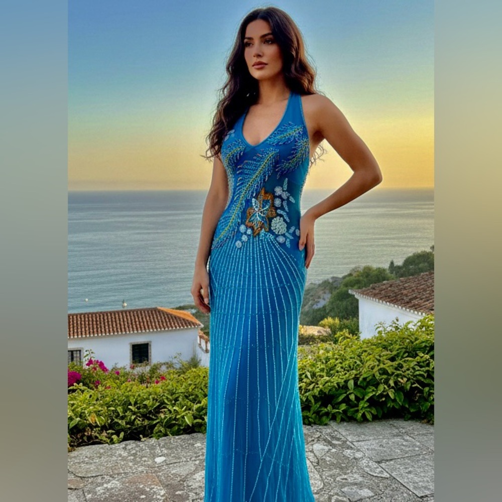 Attitudes by Debra Elegant turquoise Blue‎ hand, beaded, hand Embroidered Dress